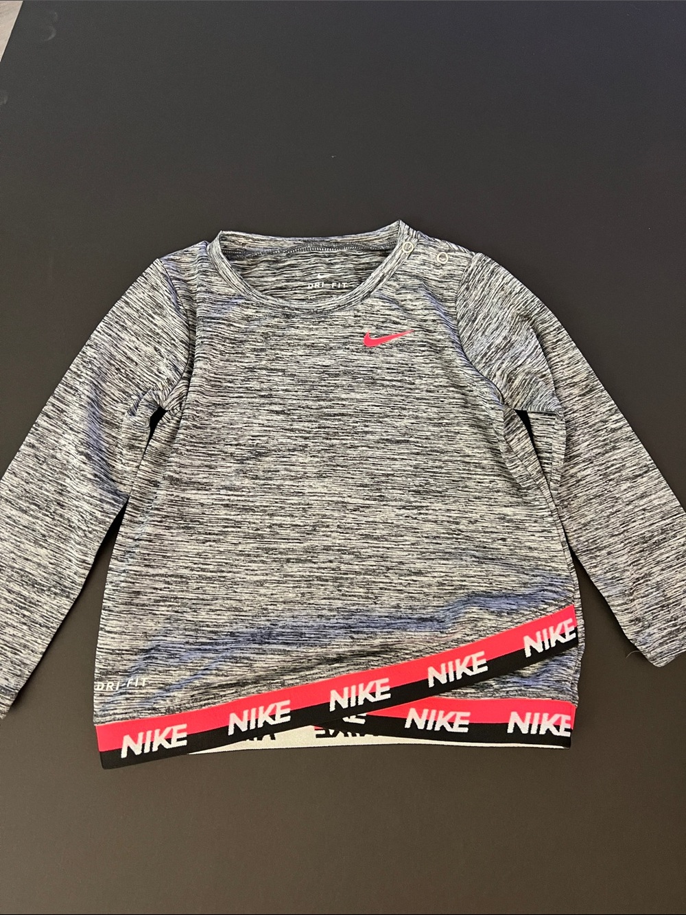 Nike Heather Gray Kids' Long Sleeve Top with Pink Swoosh and Branded Hem